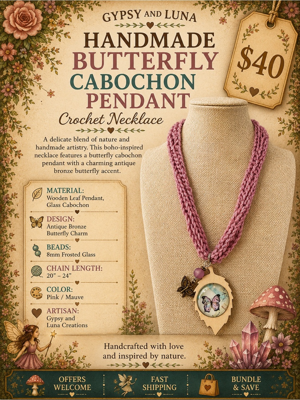 Handmade Butterfly Cabochon Pendant Crochet Necklace